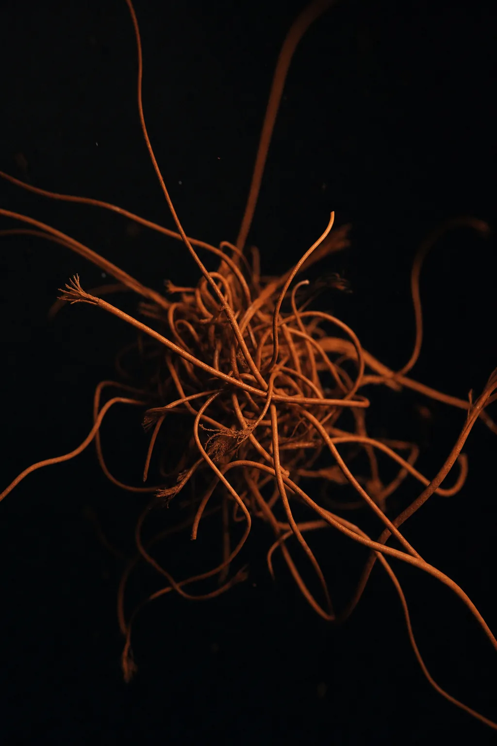 A chaotic tangle of burnt orange threads in darkness