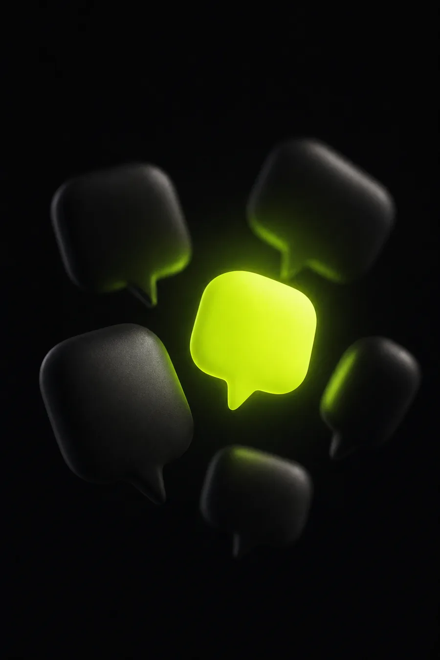 A cluster of dark speech bubbles with one glowing green