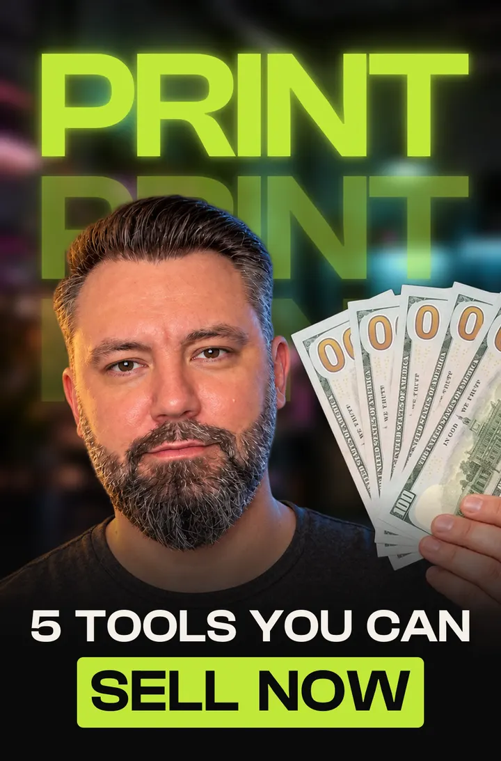 Baptiste O'Donovan holding a fan of $100 bills under the word PRINT, captioned 5 tools you can sell now
