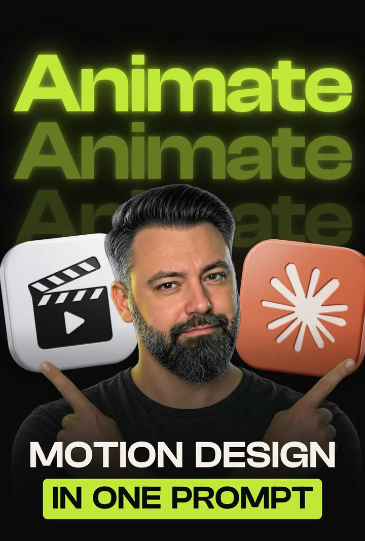 Baptiste O'Donovan pointing at a video clapperboard icon and the Claude logo, captioned Animate, motion design in one prompt