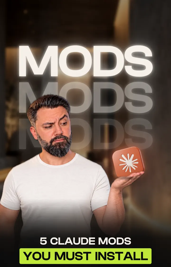 Baptiste O'Donovan holding an orange Claude app icon under the word Mods stacked three times, captioned 5 Claude mods you must install
