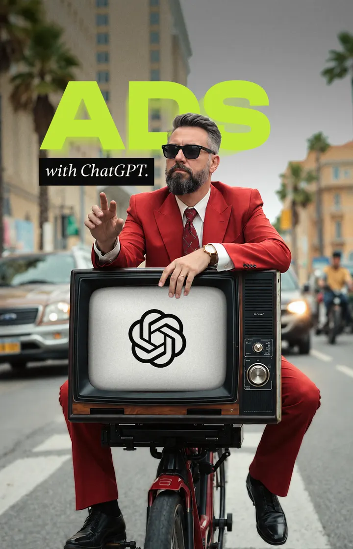 Baptiste O'Donovan in a red suit and sunglasses riding a bicycle that carries a retro TV showing the ChatGPT logo, captioned Ads with ChatGPT