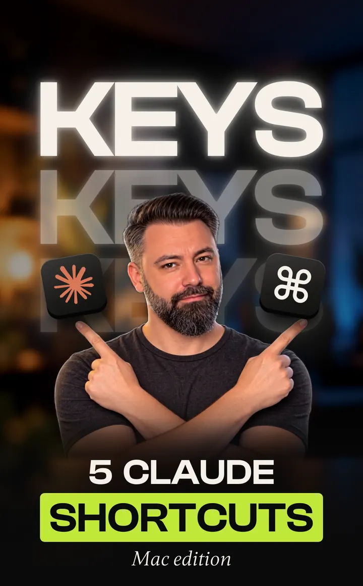 Baptiste O'Donovan with his arms crossed, pointing up at a Claude icon and a Command key icon, with Keys stacked three times behind him, captioned 5 Claude Shortcuts, Mac edition