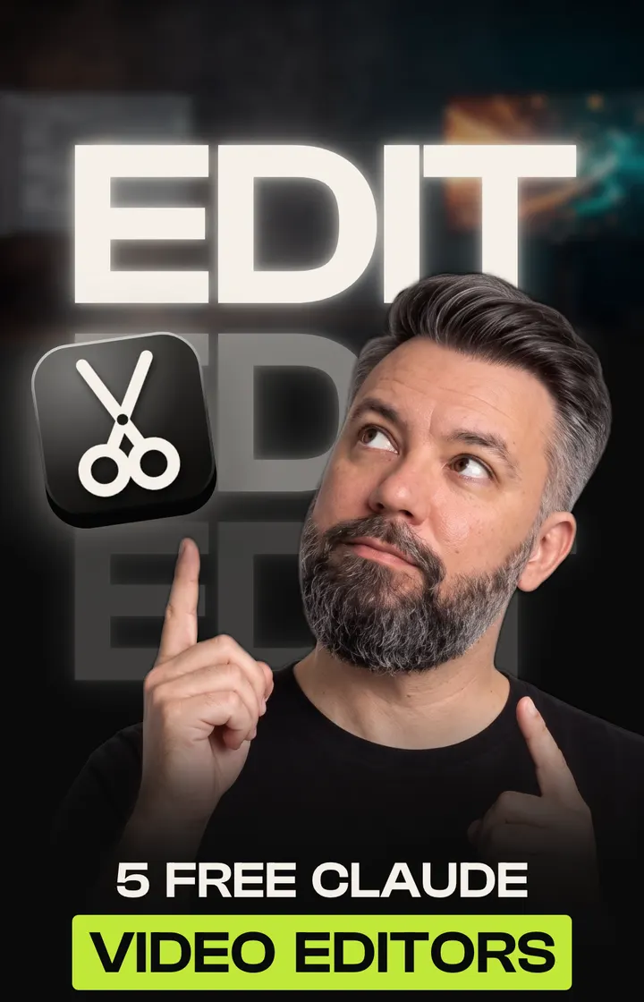 Baptiste O'Donovan pointing up at a scissors icon, with Edit stacked three times behind him, captioned 5 free Claude video editors