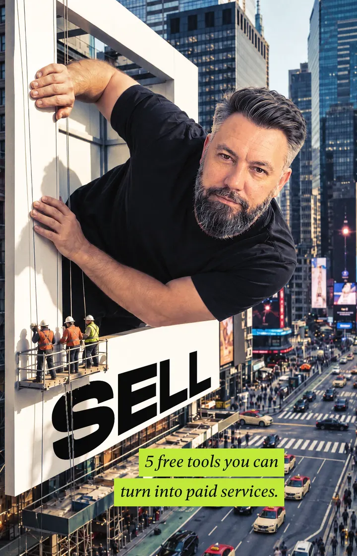 Baptiste O'Donovan leaning out of a Times Square billboard above the word SELL, captioned 5 free tools you can turn into paid services