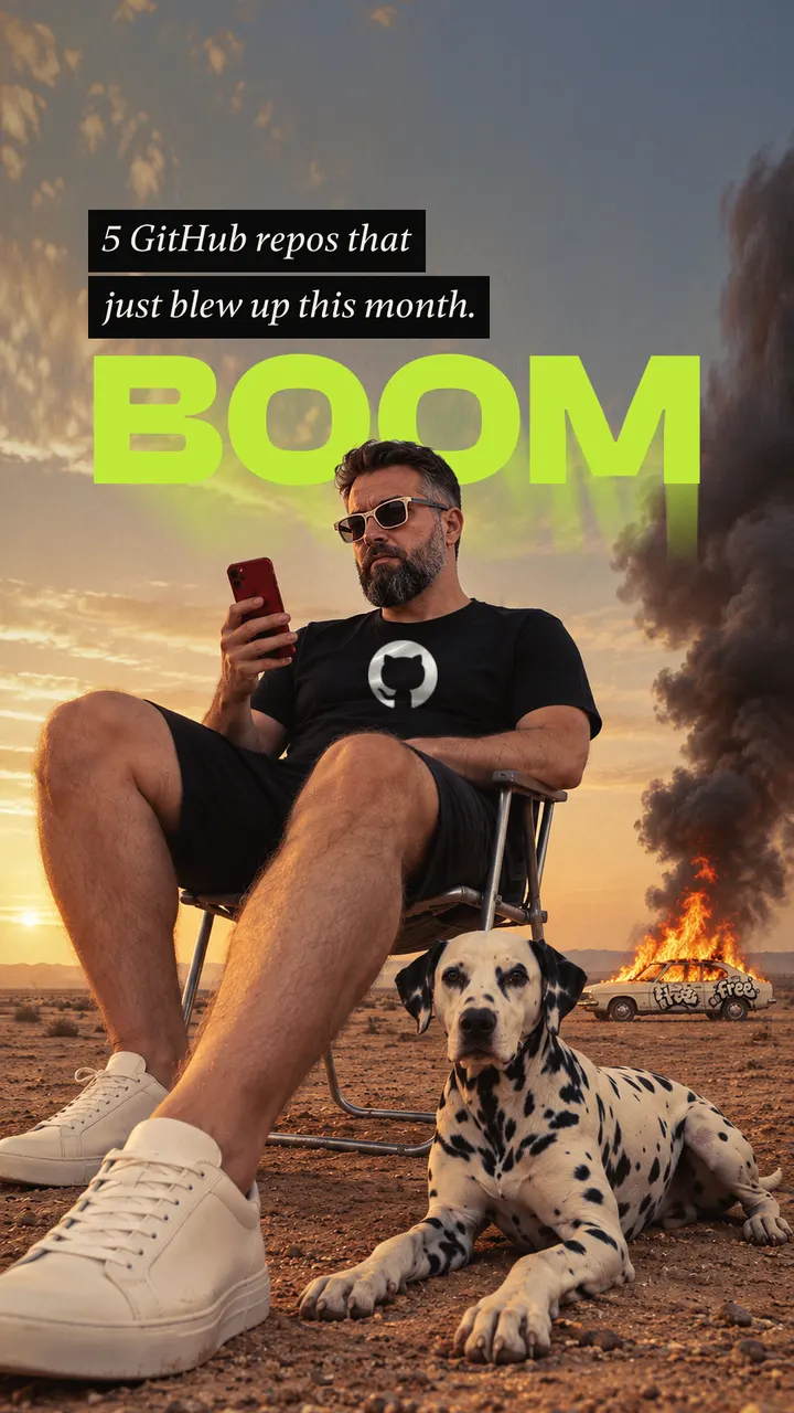 Baptiste O'Donovan in sunglasses on a camping chair in the desert beside a Dalmatian, a burning car behind him, under the word BOOM and the caption 5 GitHub repos that just blew up this month