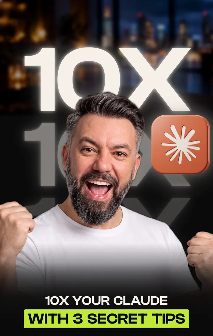 Baptiste O'Donovan cheering with both fists up beside a large 10X and an orange Claude app icon, above the words 10x your Claude with 3 secret tips