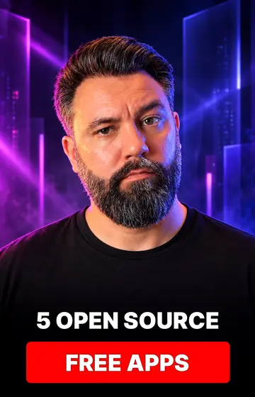 Baptiste O'Donovan in a black T-shirt against a purple neon backdrop, captioned 5 open source free apps