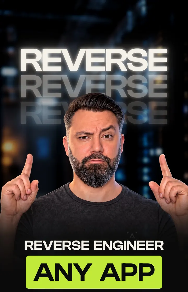 Baptiste O'Donovan pointing up with both hands under the word Reverse stacked three times, captioned Reverse engineer any app