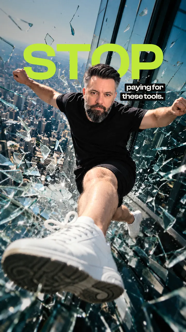 Baptiste O'Donovan in a black T-shirt leaping through shattered glass above a city, captioned STOP paying for these tools