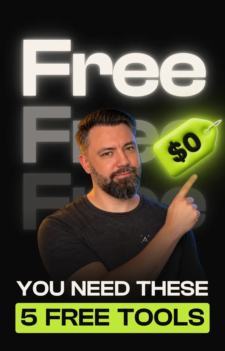 Baptiste O'Donovan pointing at a glowing $0 price tag in front of the word Free stacked three times, captioned You need these 5 free tools